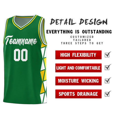 Custom Kelly Green White-Gold Side Two-Color Triangle Splicing Sports Uniform Basketball Jersey