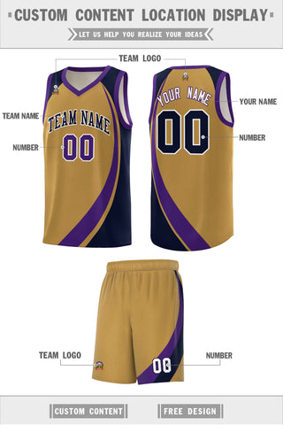 Custom Old Gold Purple-Navy Color Block Sports Uniform Basketball Jersey
