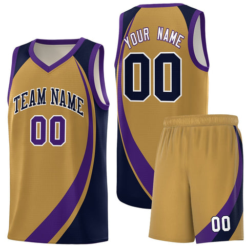 Custom Old Gold Purple-Navy Color Block Sports Uniform Basketball Jersey