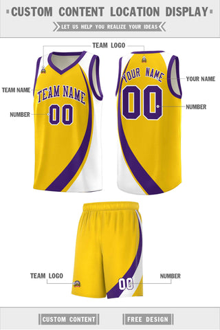 Custom Gold Purple-White Color Block Sports Uniform Basketball Jersey