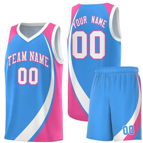 Custom Powder Blue White-Pink Color Block Sports Uniform Basketball Jersey