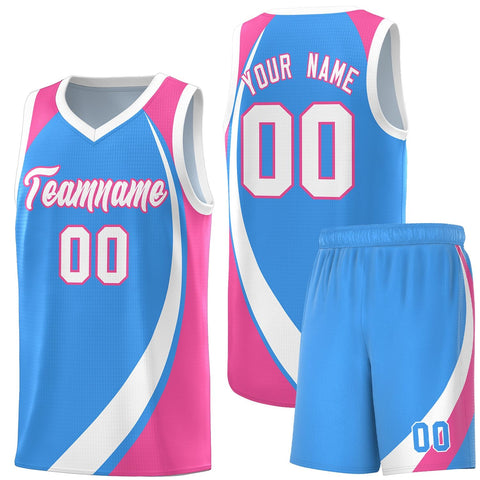 Custom Powder Blue White-Pink Color Block Sports Uniform Basketball Jersey