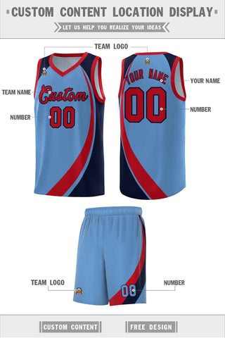 Custom Light Blue Red-Navy Color Block Sports Uniform Basketball Jersey