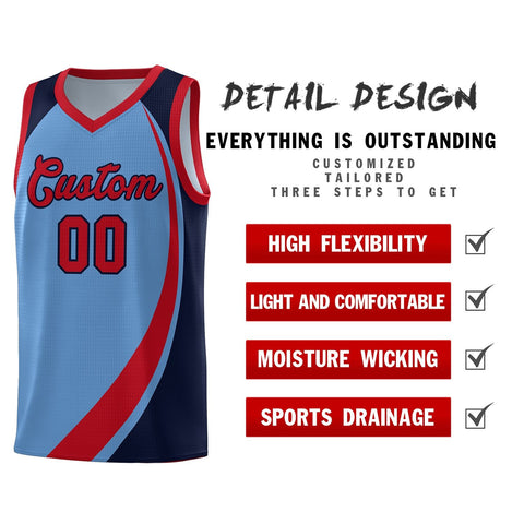 Custom Light Blue Red-Navy Color Block Sports Uniform Basketball Jersey