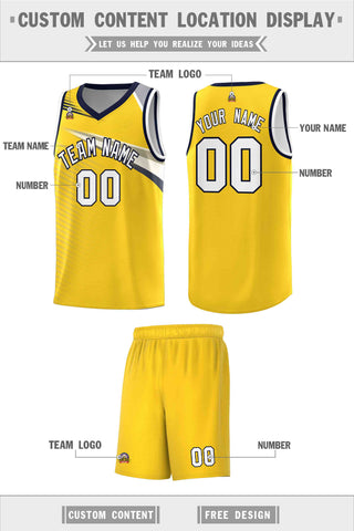 Custom Gold White-Navy Chest Color Block Sports Uniform Basketball Jersey