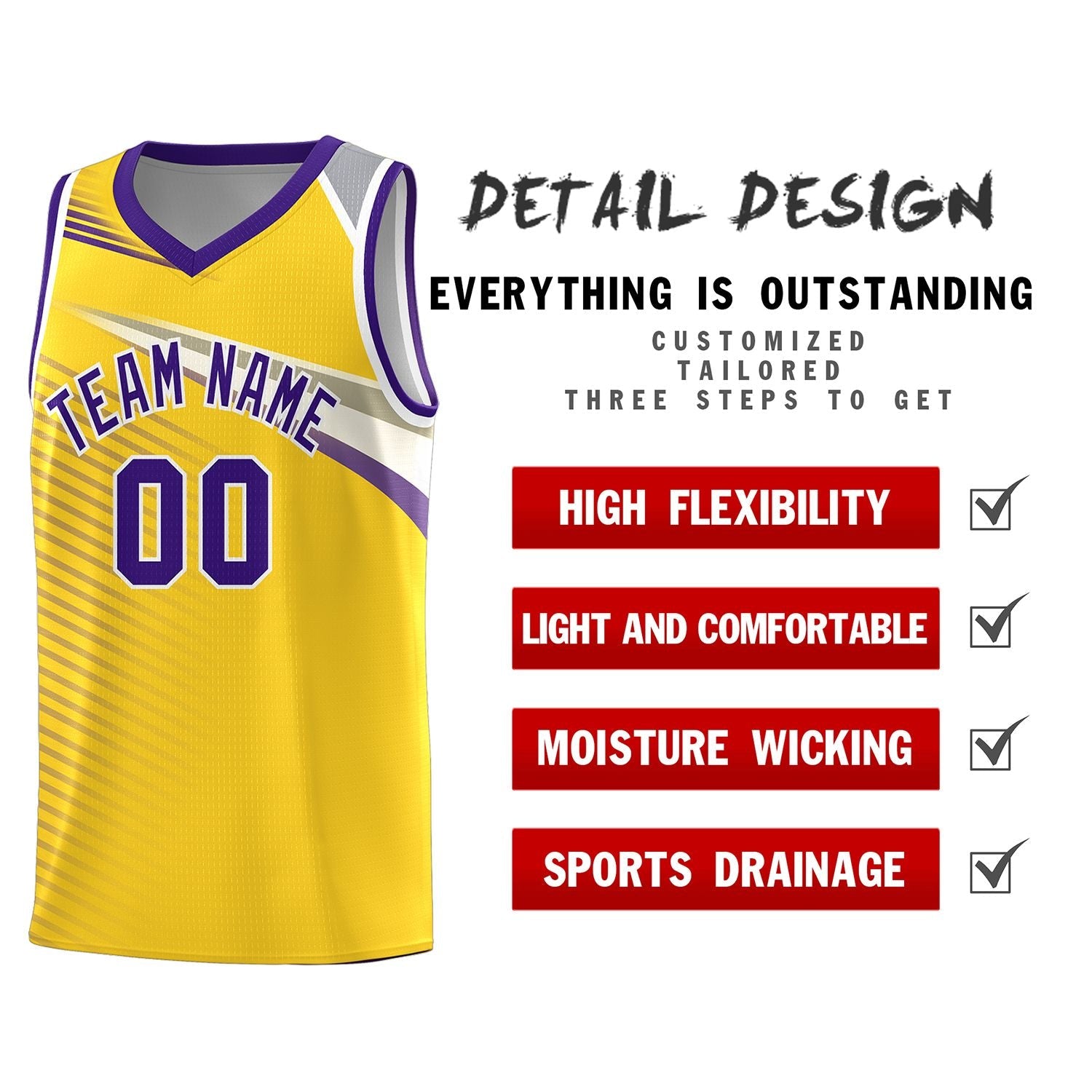 Custom Gold Purple-White Chest Color Block Sports Uniform Basketball Jersey