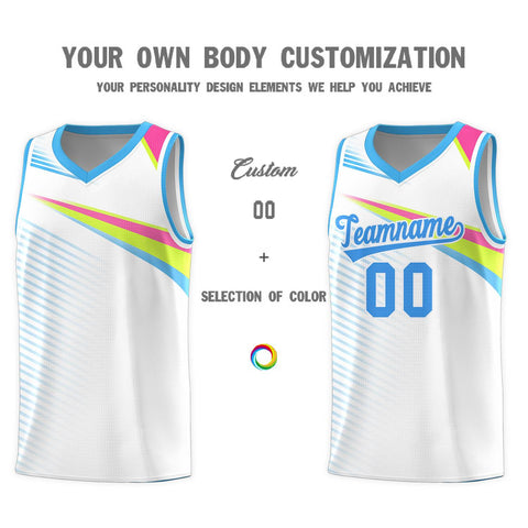 Custom White Powder Blue Chest Color Block Sports Uniform Basketball Jersey
