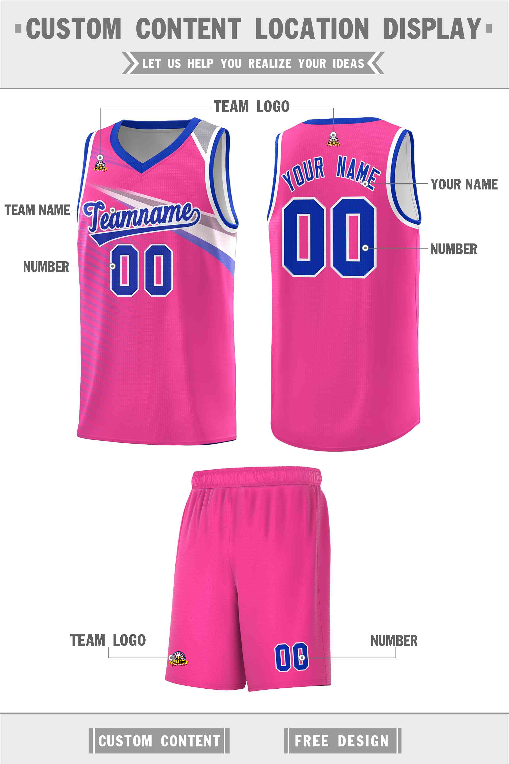 Custom Pink Royal-White Chest Color Block Sports Uniform Basketball Jersey