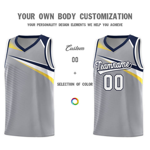 Custom Gray White-Navy Chest Color Block Sports Uniform Basketball Jersey