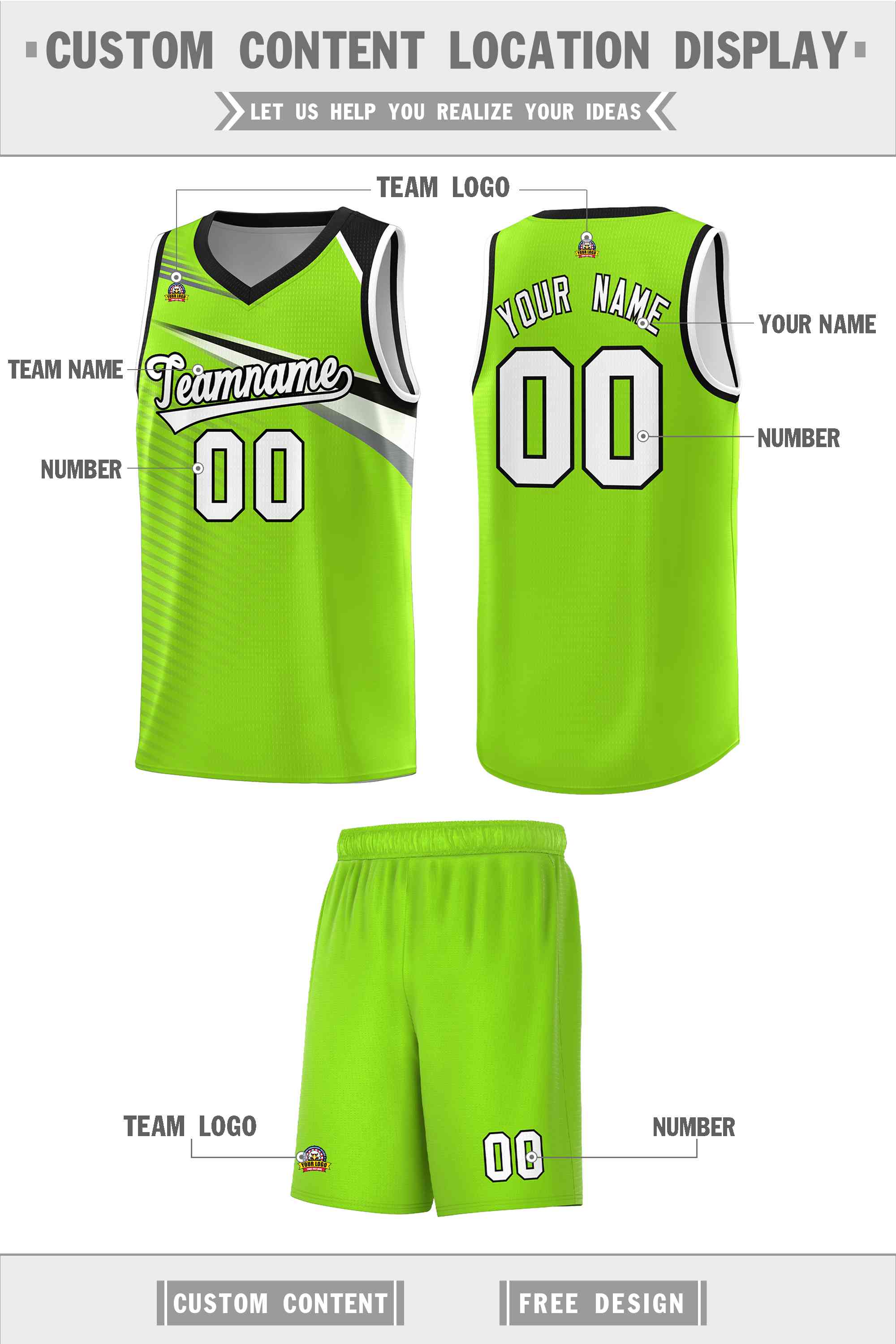 Custom Neon Green White-Black Chest Color Block Sports Uniform Basketball Jersey