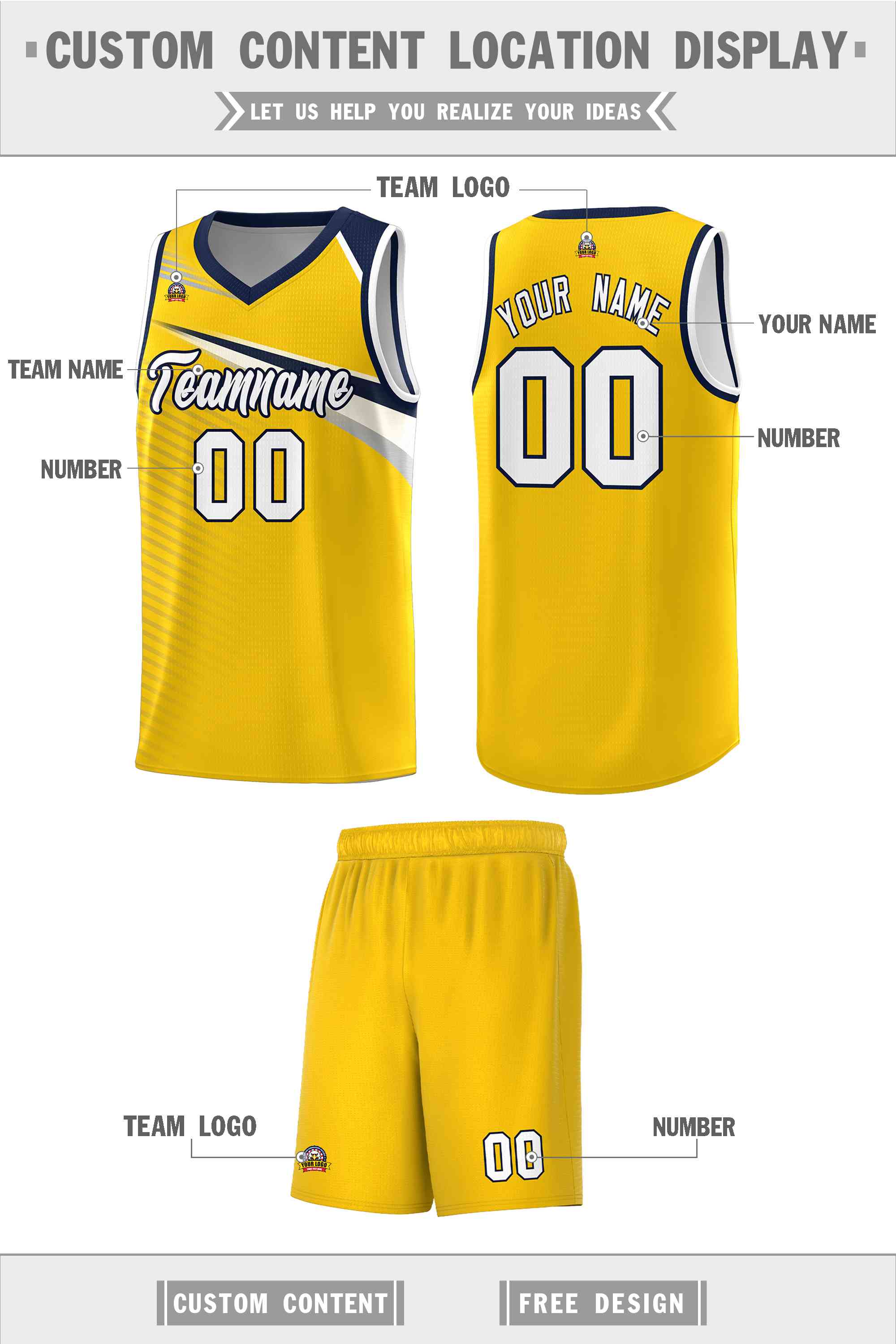 Custom Yellow White-Navy Chest Color Block Sports Uniform Basketball Jersey