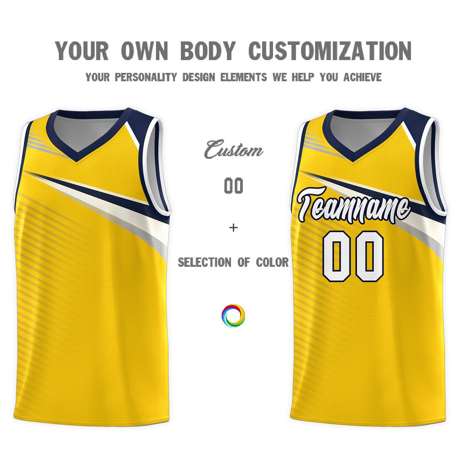 Custom Yellow White-Navy Chest Color Block Sports Uniform Basketball Jersey
