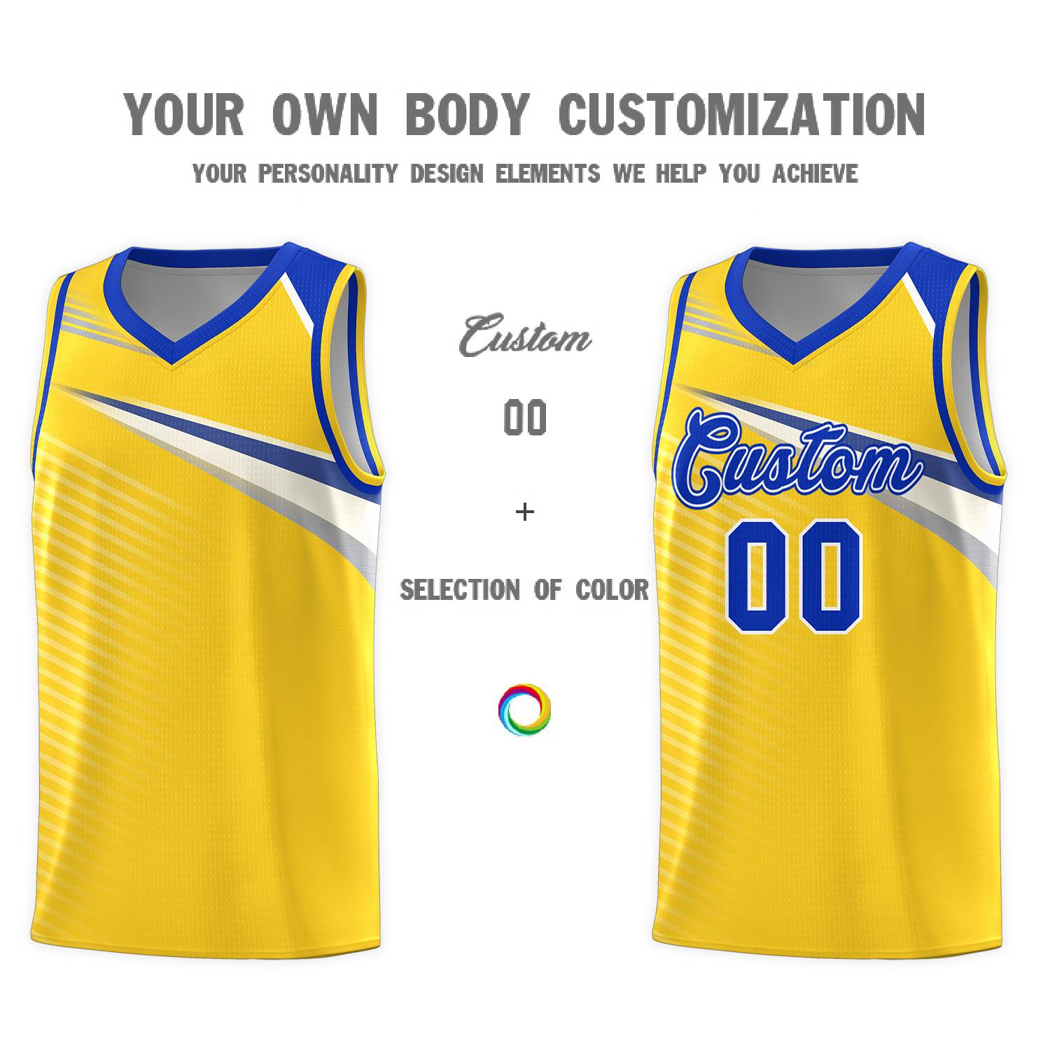 Custom Gold Royal-White Chest Color Block Sports Uniform Basketball Jersey