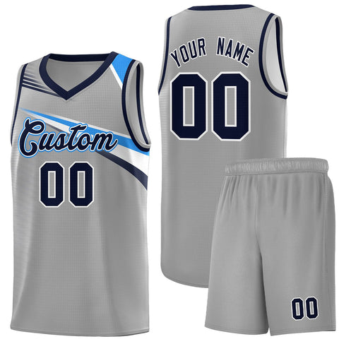 Custom Gray Navy-White Chest Color Block Sports Uniform Basketball Jersey