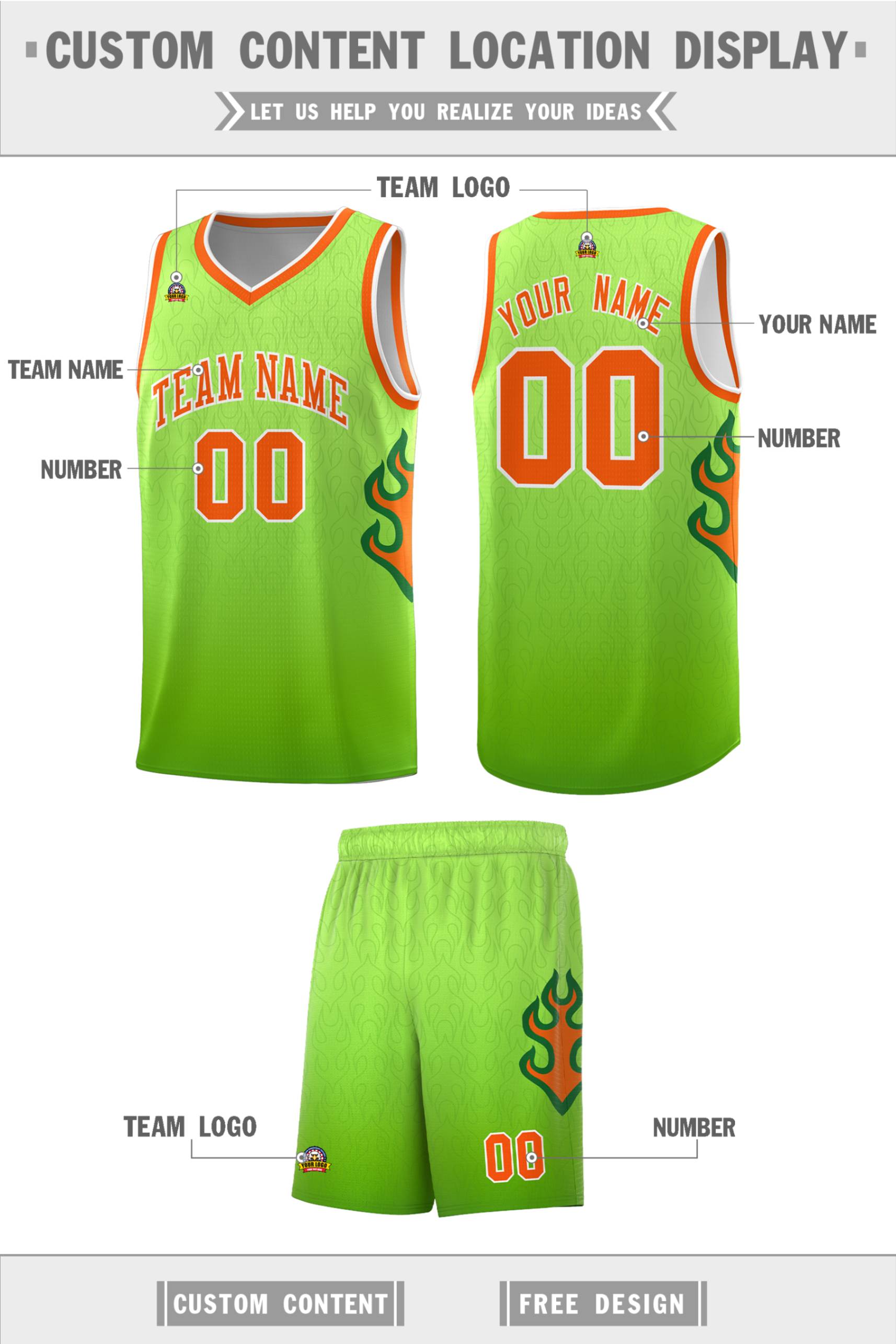 Custom Green Neon Green-Orange Flame Gradient Fashion Sports Uniform Basketball Jersey