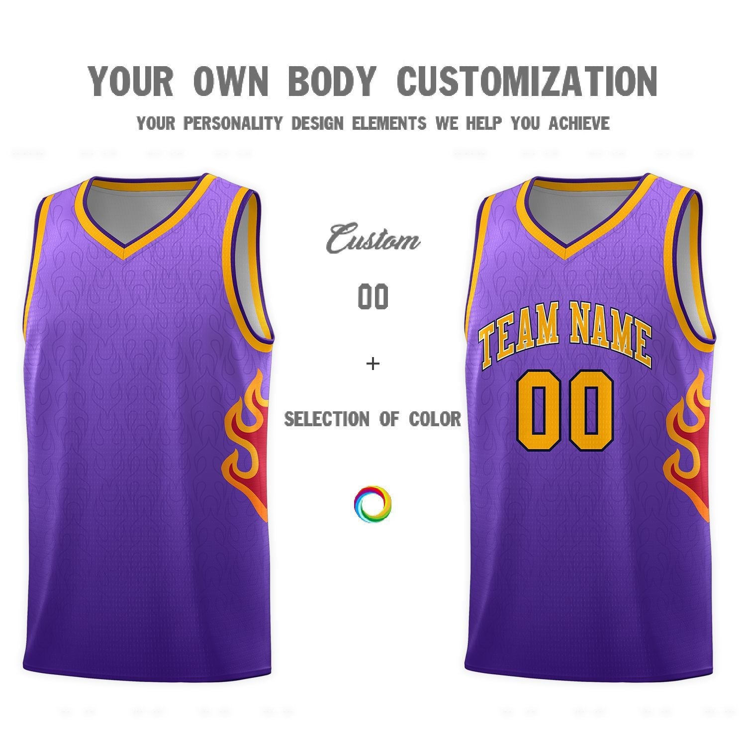Custom Purple Yellow Flame Gradient Fashion Sports Uniform Basketball Jersey