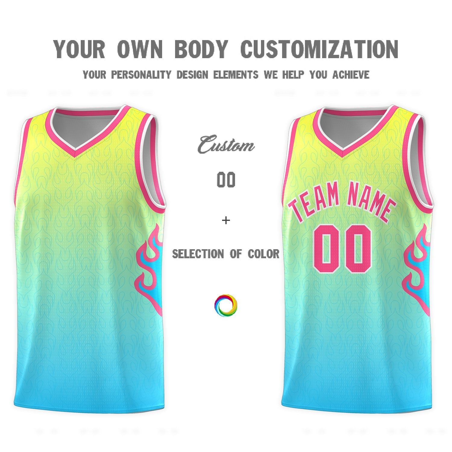 Custom Gold Light Blue-Pink Flame Gradient Fashion Sports Uniform Basketball Jersey