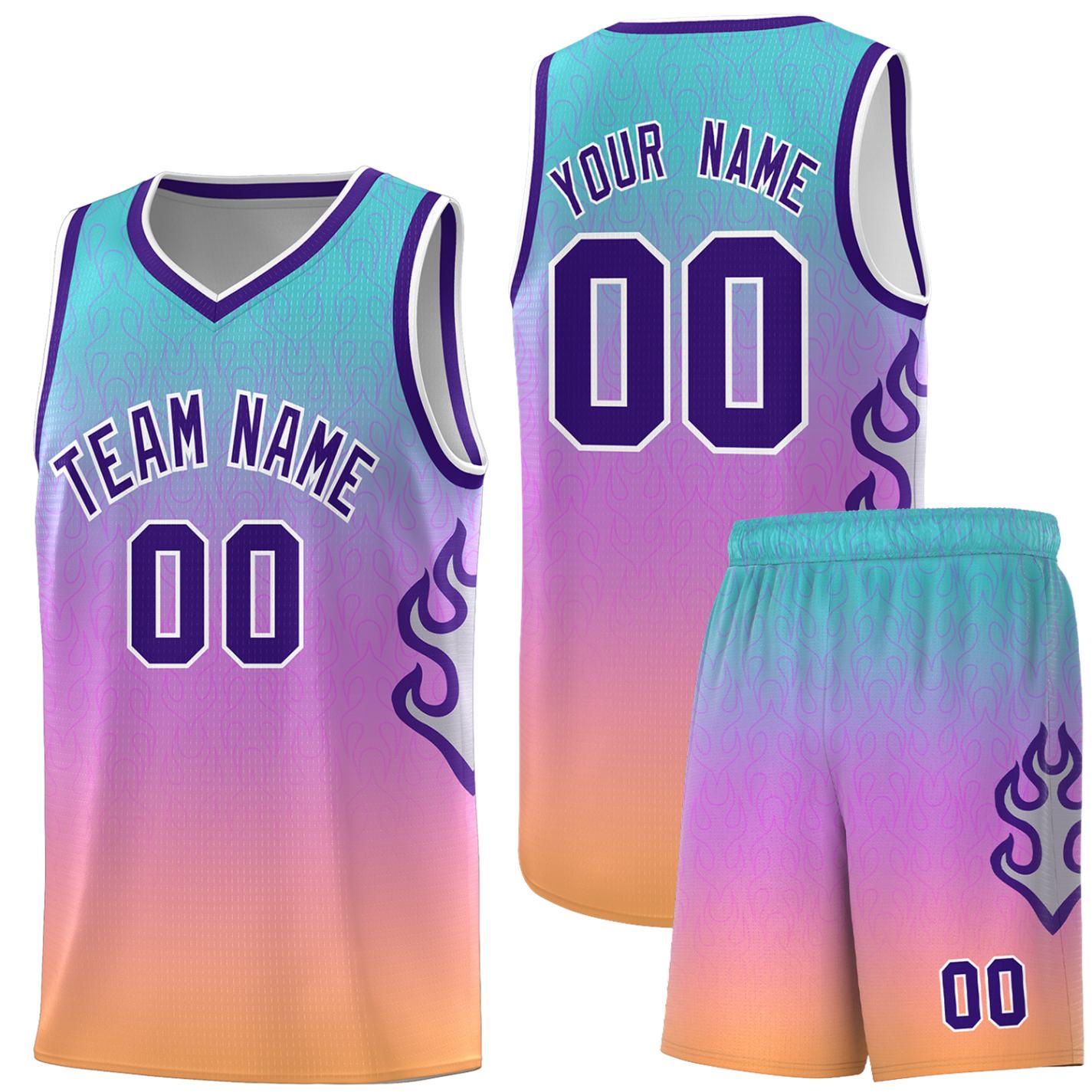 Custom Light Blue Pink-Purple Flame Gradient Fashion Sports Uniform Basketball Jersey