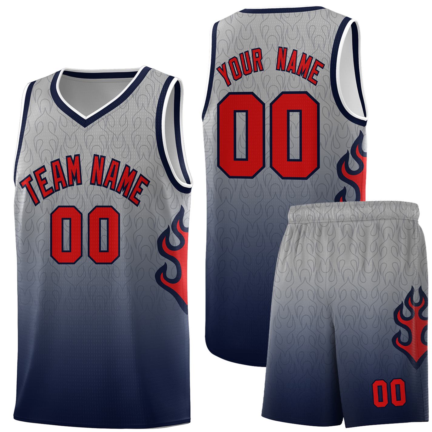 Custom Gray Navy-Red Flame Gradient Fashion Sports Uniform Basketball Jersey