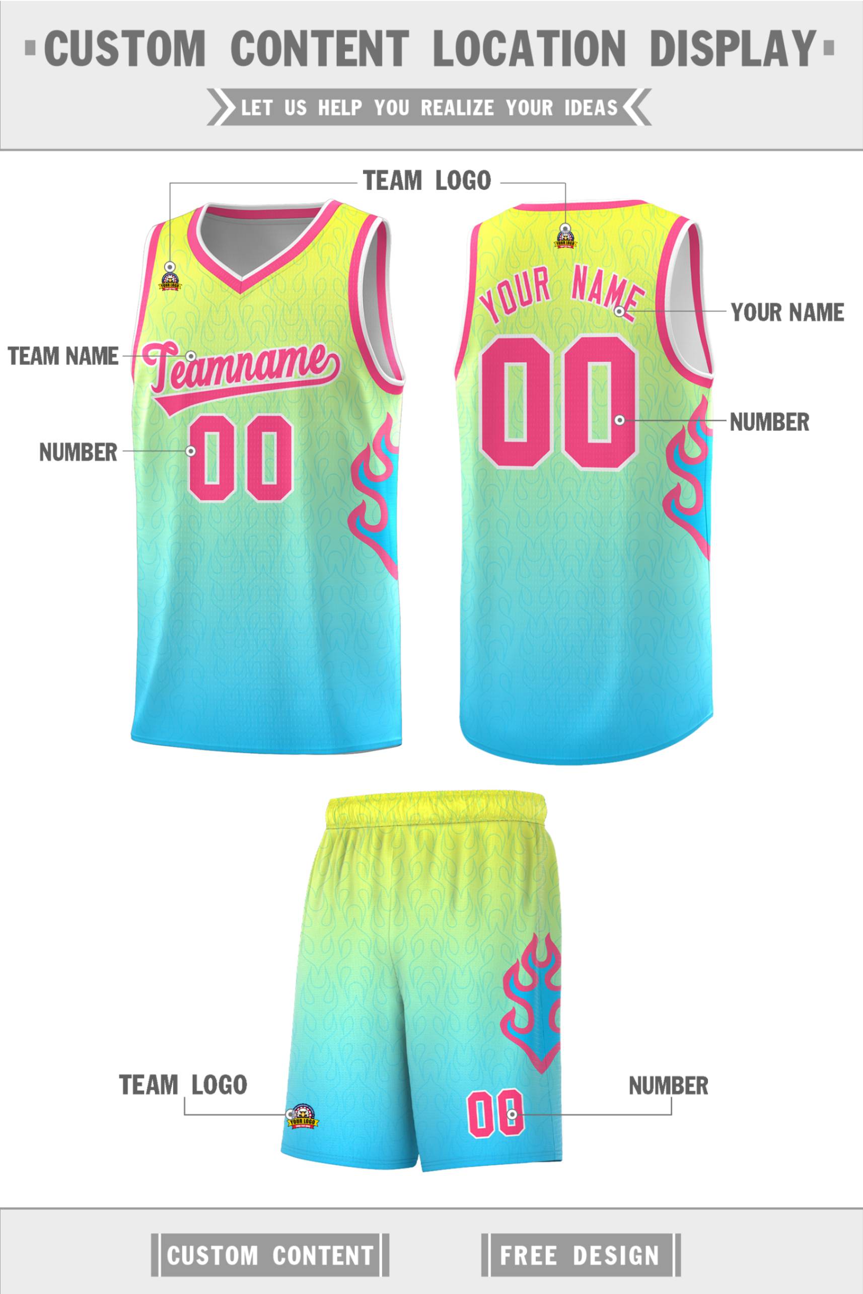 Custom Gold Light Blue-Pink Flame Gradient Fashion Sports Uniform Basketball Jersey