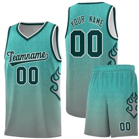 Custom Aqua Dark Gray-Midnight Green Flame Gradient Fashion Sports Uniform Basketball Jersey