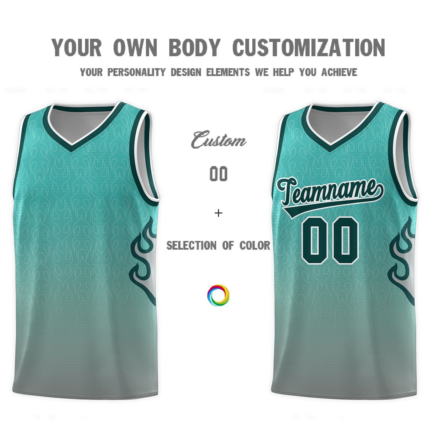 Custom Aqua Dark Gray-Midnight Green Flame Gradient Fashion Sports Uniform Basketball Jersey