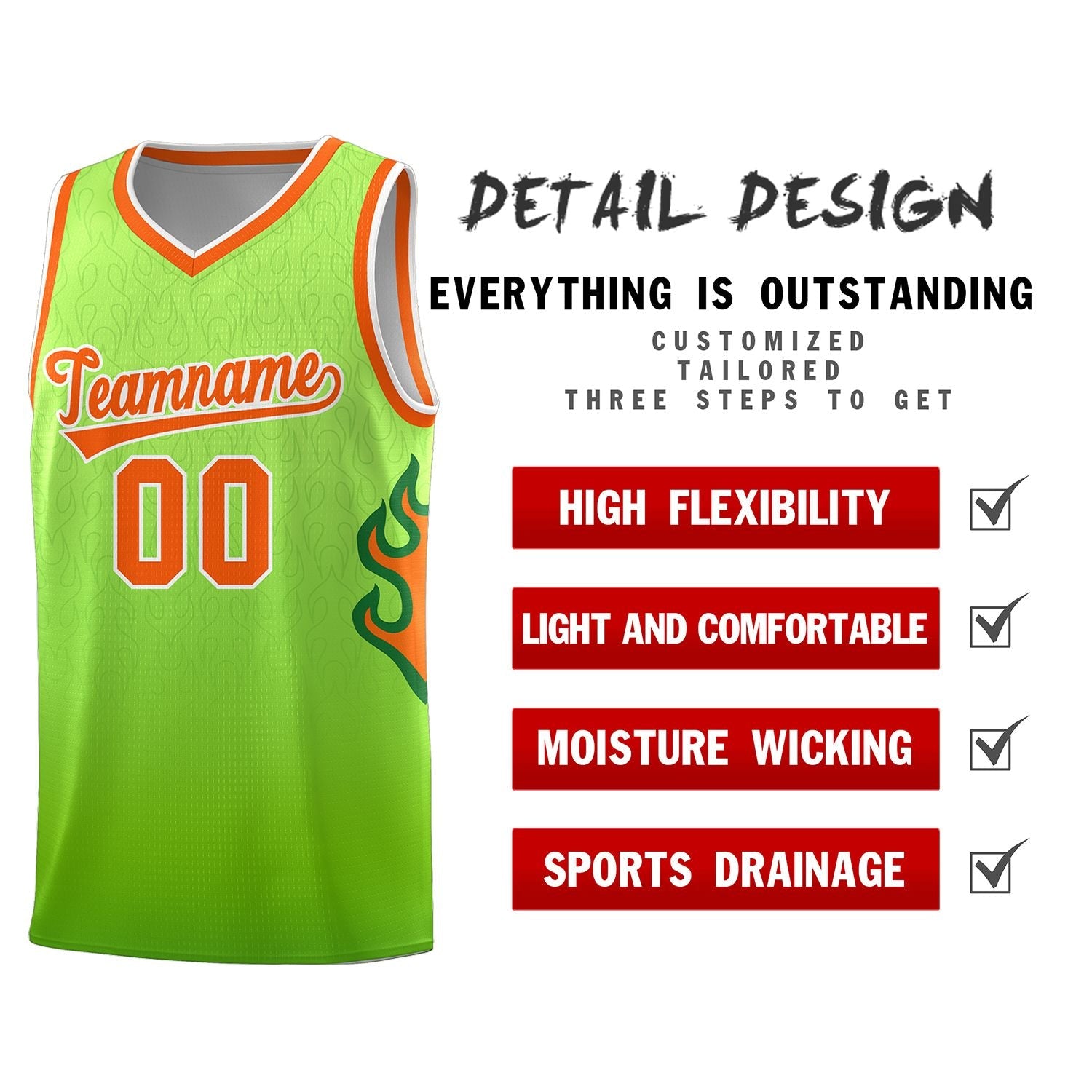 Custom Green Neon Green-Orange Flame Gradient Fashion Sports Uniform Basketball Jersey