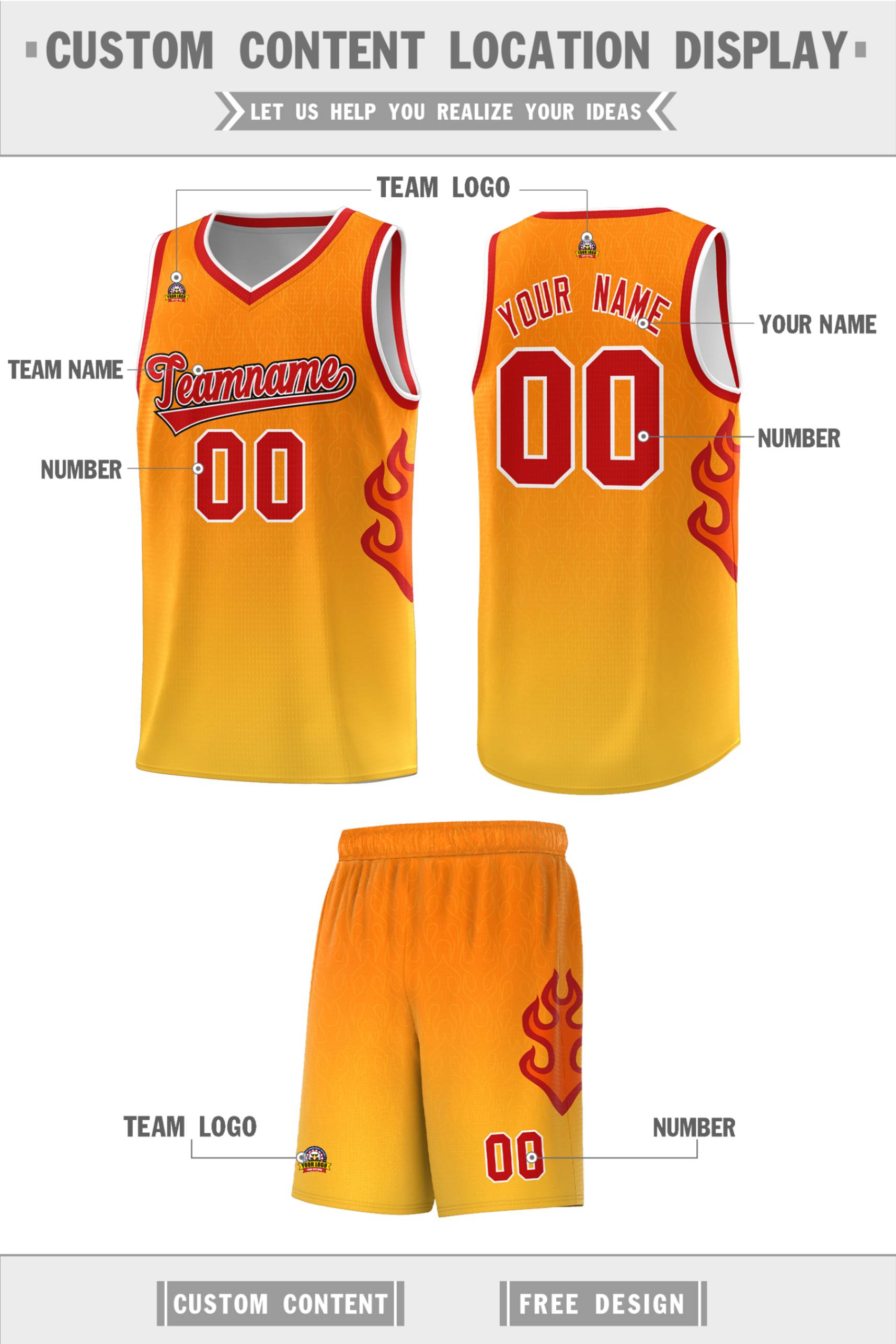 Custom Orange Gold-Red Flame Gradient Fashion Sports Uniform Basketball Jersey