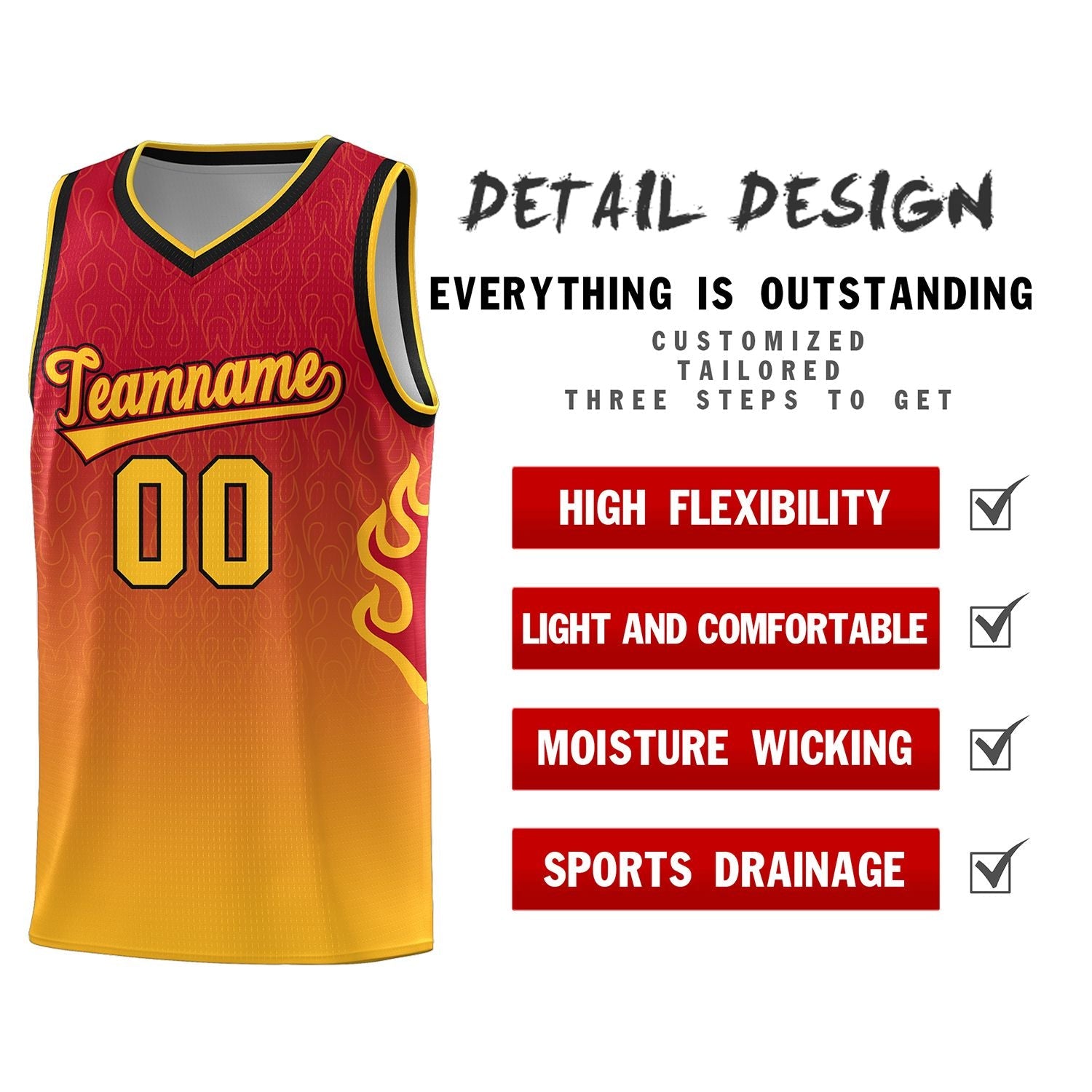 Custom Red Yellow Flame Gradient Fashion Sports Uniform Basketball Jersey