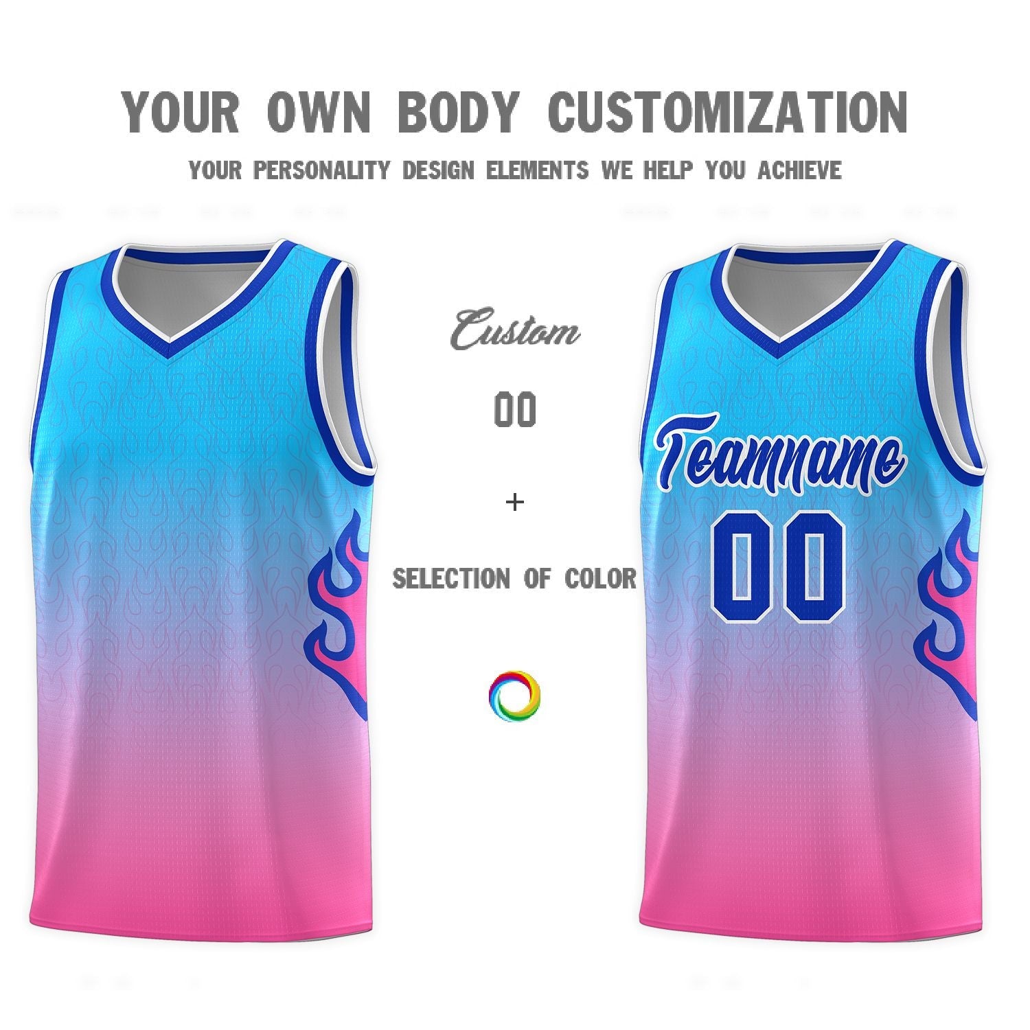 Custom Powder Blue Pink-Royal Flame Gradient Fashion Sports Uniform Basketball Jersey