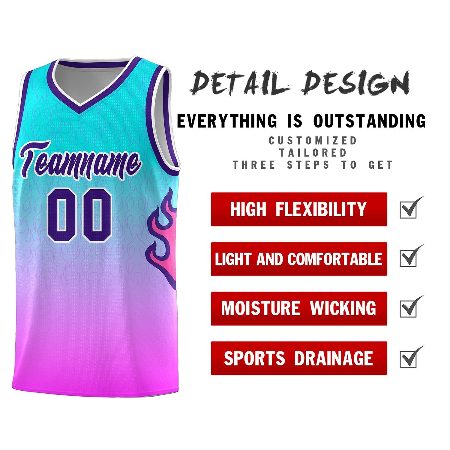 Custom Aqua Pink-Purple Flame Gradient Fashion Sports Uniform Basketball Jersey