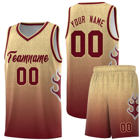Custom Khaki Crimson-Khaki Flame Gradient Fashion Sports Uniform Basketball Jersey