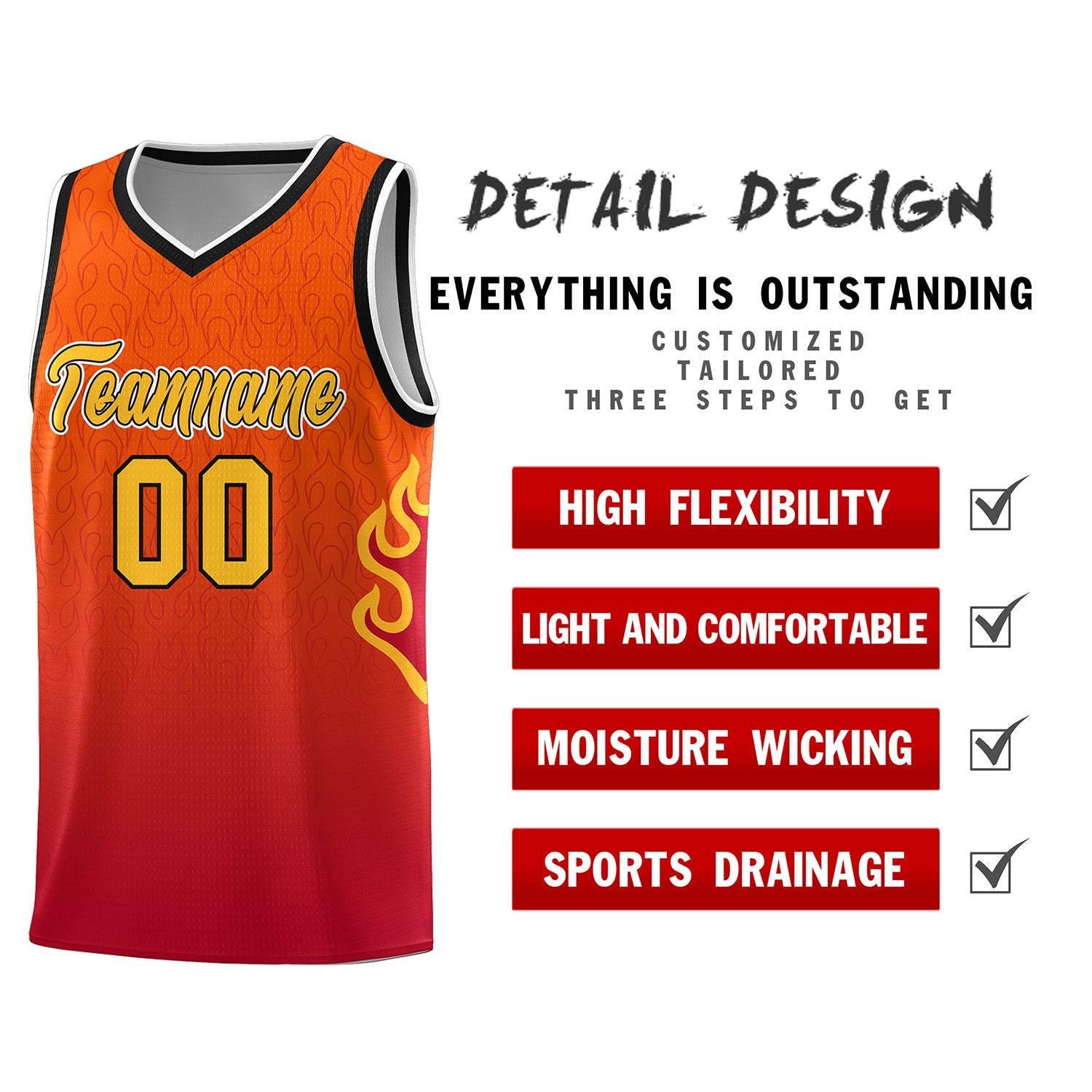 Custom Orange Red-Gold Flame Gradient Fashion Sports Uniform Basketball Jersey