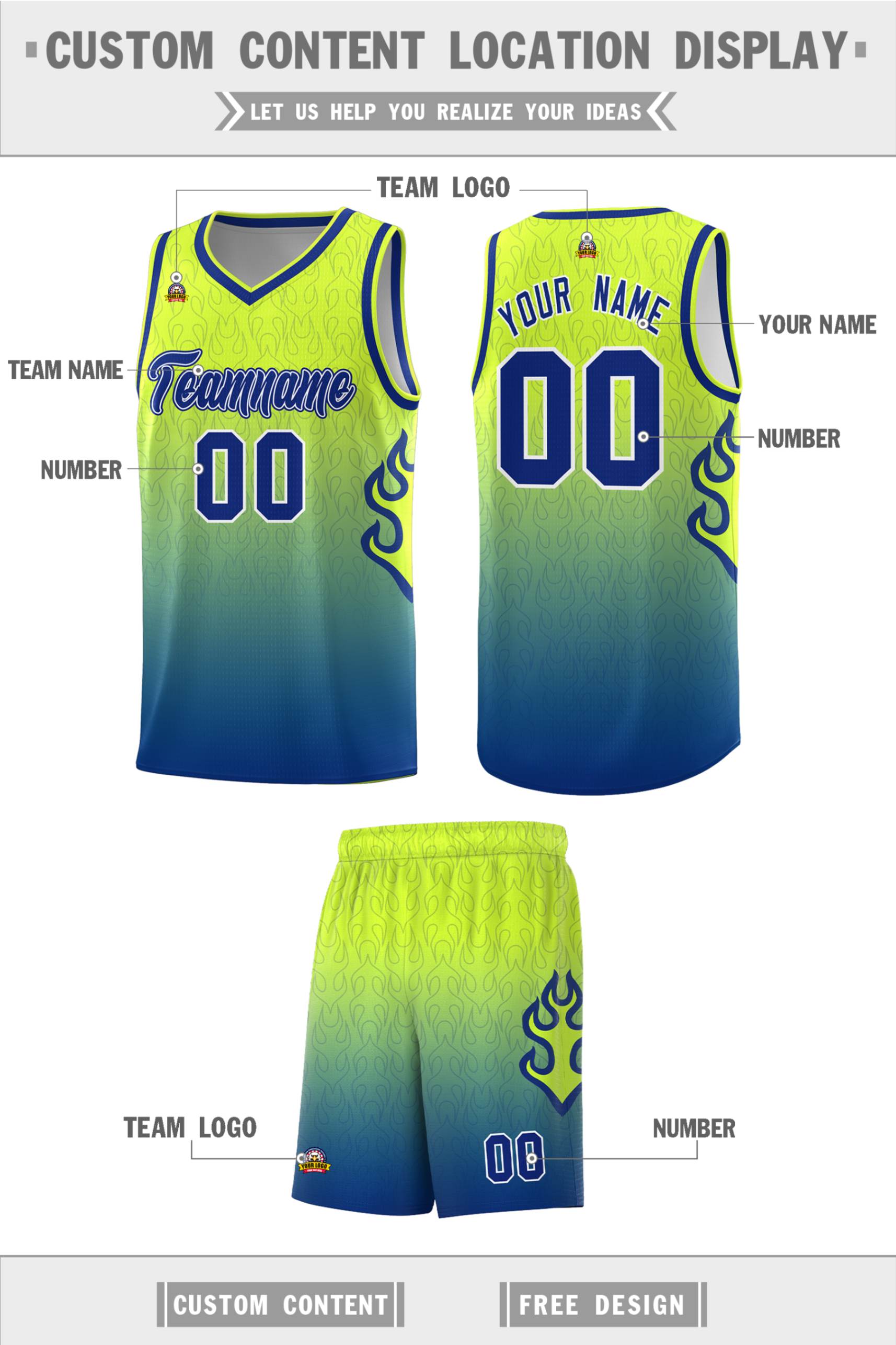 Custom Green Royal Flame Gradient Fashion Sports Uniform Basketball Jersey