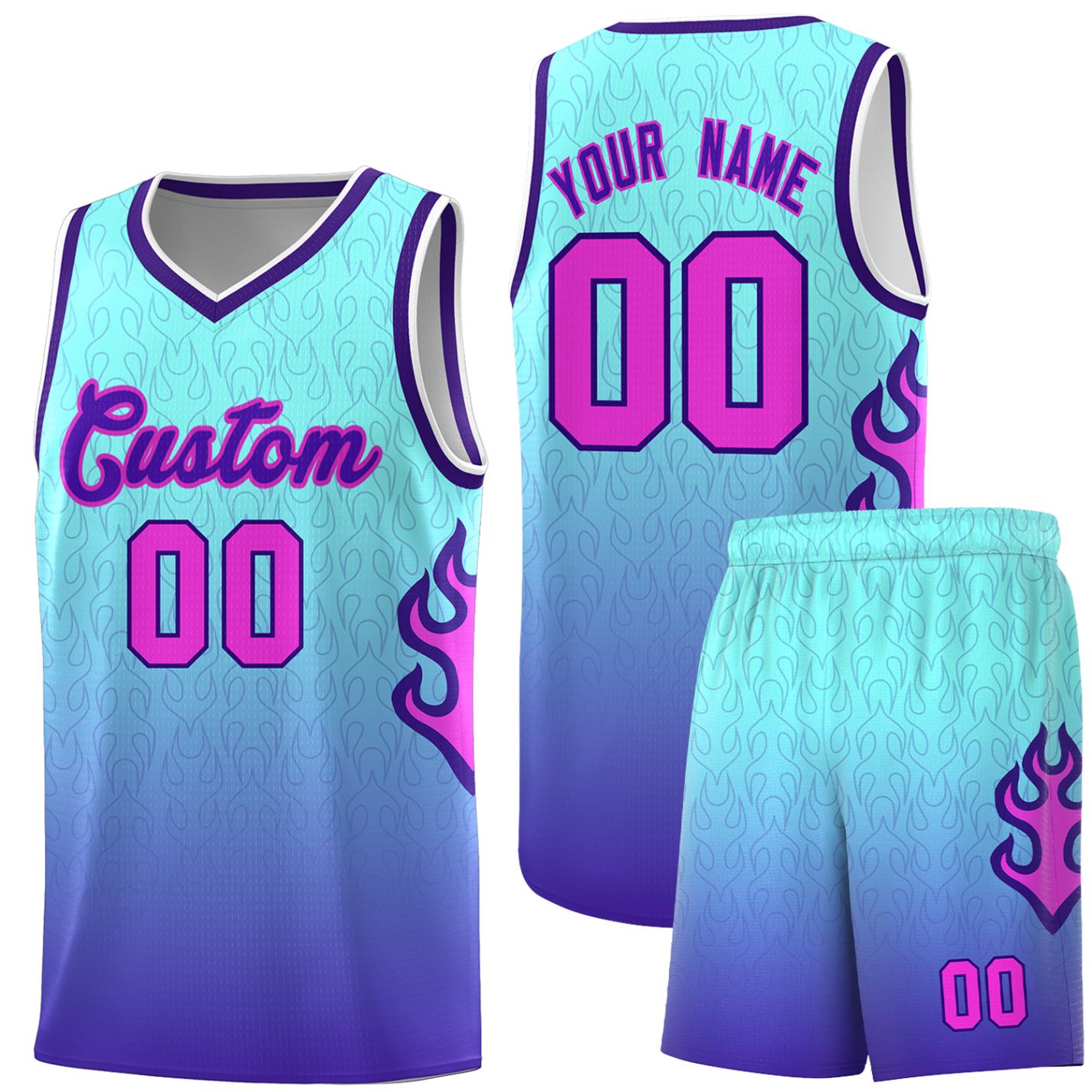 Custom Light Blue Purple-White Flame Gradient Fashion Sports Uniform Basketball Jersey