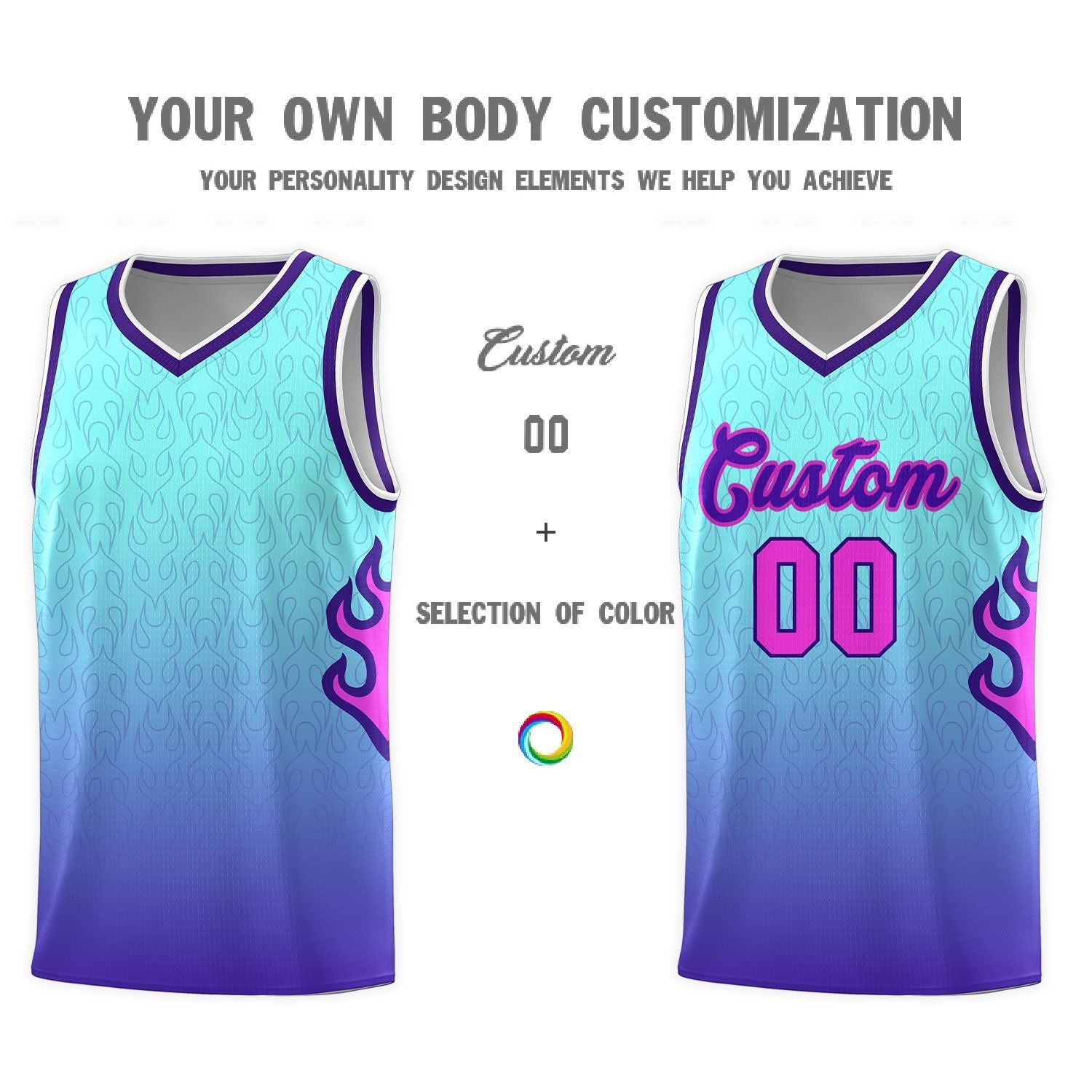 Custom Light Blue Purple-White Flame Gradient Fashion Sports Uniform Basketball Jersey