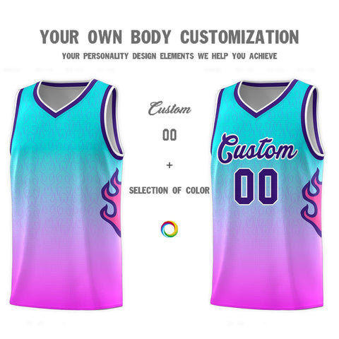 Custom Aqua Pink-Purple Flame Gradient Fashion Sports Uniform Basketball Jersey