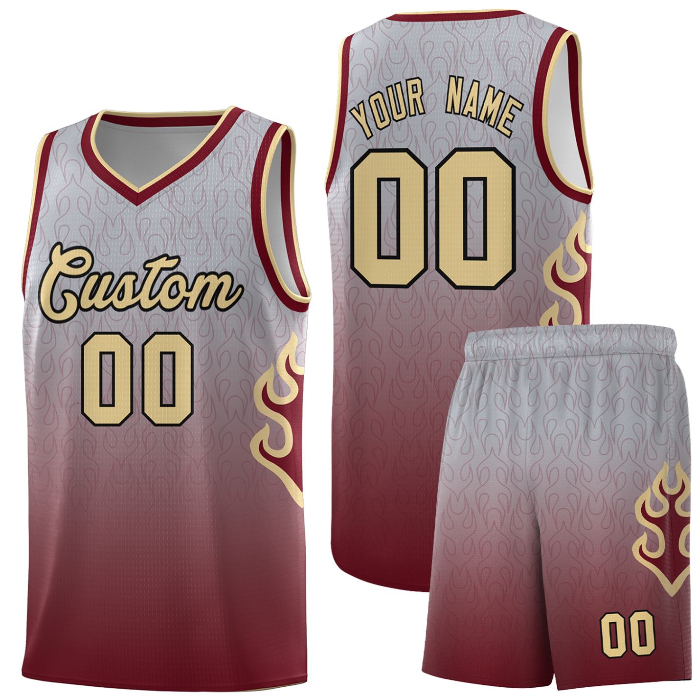 Custom Gray Crimson-Khaki Flame Gradient Fashion Sports Uniform Basketball Jersey