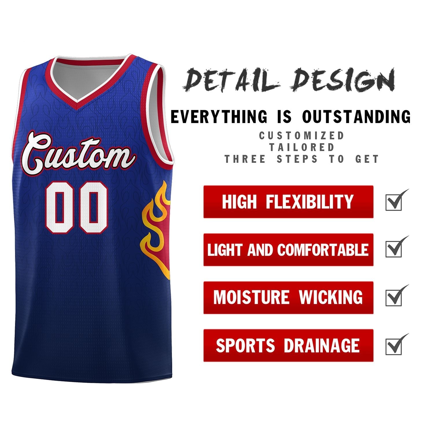 Custom Royal Navy-White Flame Gradient Fashion Sports Uniform Basketball Jersey