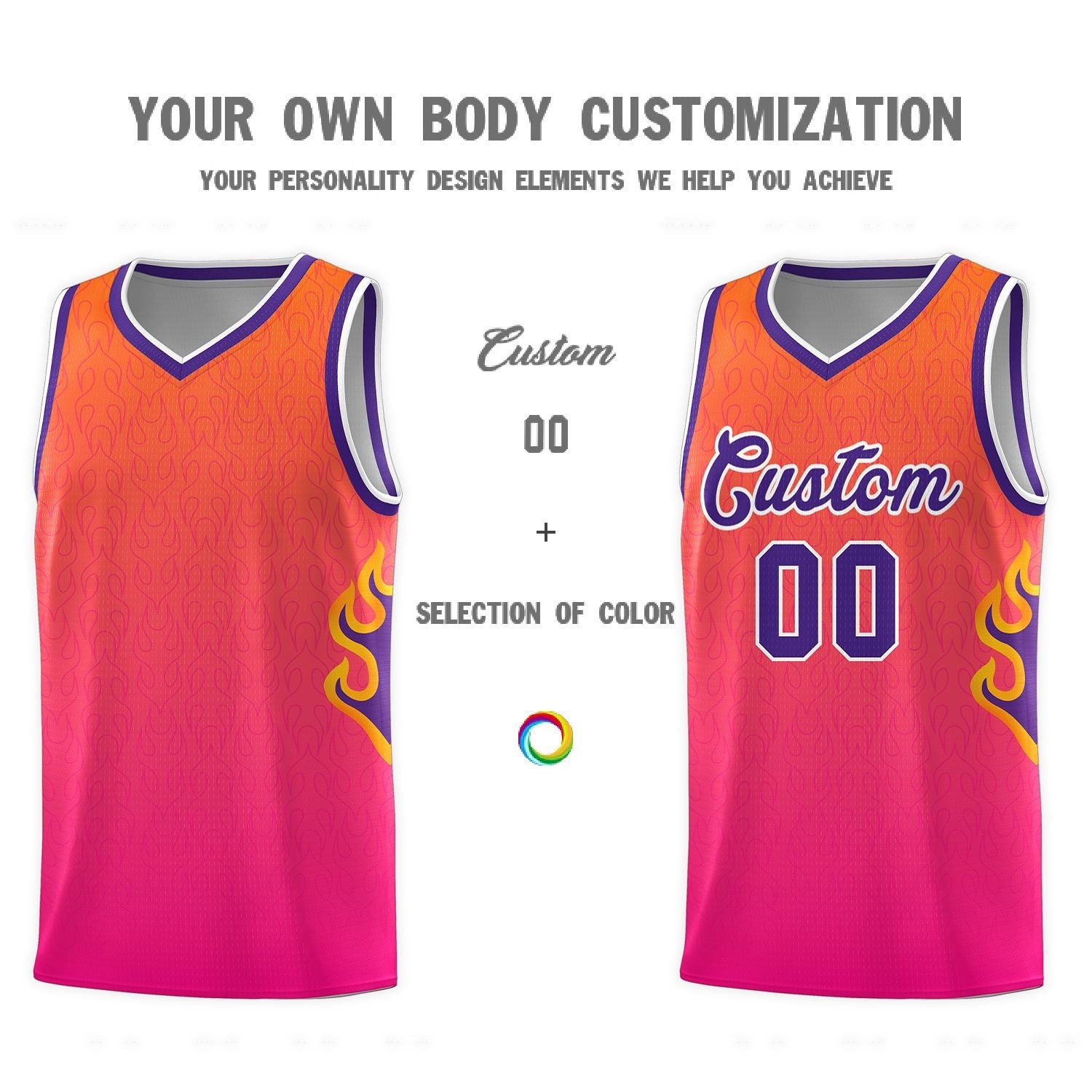 Custom Orange Pink-Purple Flame Gradient Fashion Sports Uniform Basketball Jersey