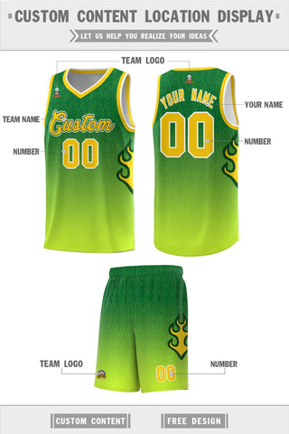Custom Kelly Green-Neon Green-Gold Flame Gradient Fashion Sports Uniform Basketball Jersey