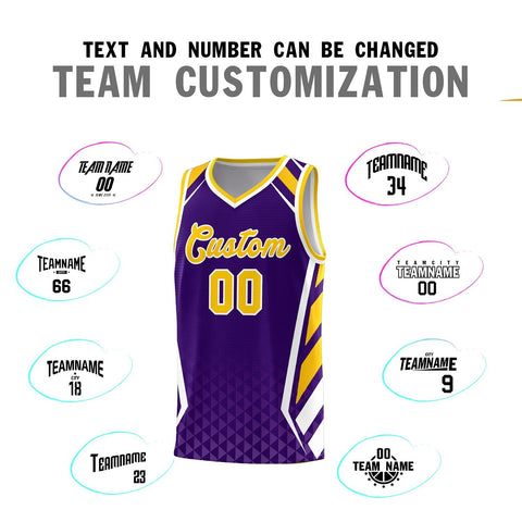 Custom Purple Gold Diamond Pattern Side Slash Sports Uniform Basketball Jersey