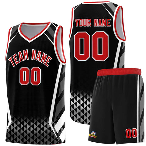 Custom Black Red Diamond Pattern Side Slash Sports Uniform Basketball Jersey