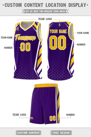 Custom Purple Gold Diamond Pattern Side Slash Sports Uniform Basketball Jersey