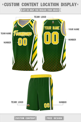 Custom Green Gold Diamond Pattern Side Slash Sports Uniform Basketball Jersey