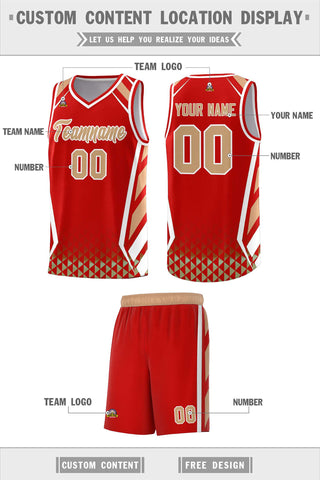 Custom Red Old Gold Diamond Pattern Side Slash Sports Uniform Basketball Jersey