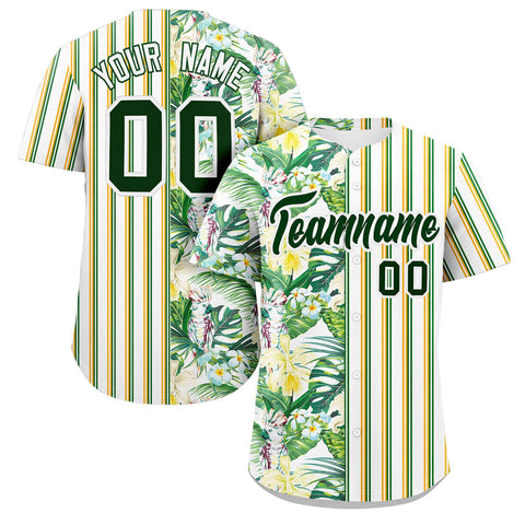 Custom White Green Hawaii Tropical Flower Stripe Fashion Baseball Jersey