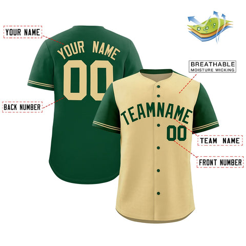 Custom Khaki Green Color Block Personalized Raglan Sleeves Authentic Baseball Jersey