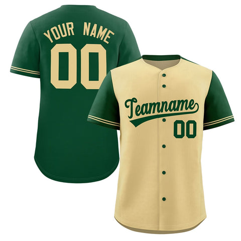 Custom Khaki Green Color Block Personalized Raglan Sleeves Authentic Baseball Jersey