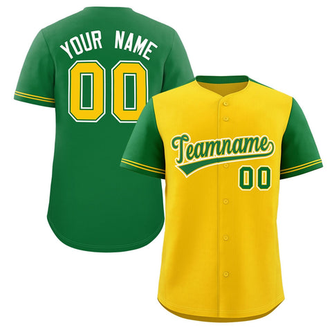 Custom Gold Kelly Green Color Block Personalized Raglan Sleeves Authentic Baseball Jersey